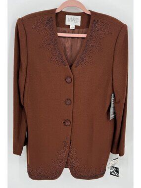 Valerie Stevens Evening Womens Embroidered Beaded Brown Wool Blazer Size 12